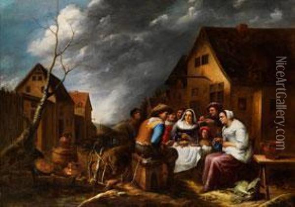Hollandische Familie Beim Vespermahl Zwischen Alten Hausern Oil Painting - Gillis van Tilborgh