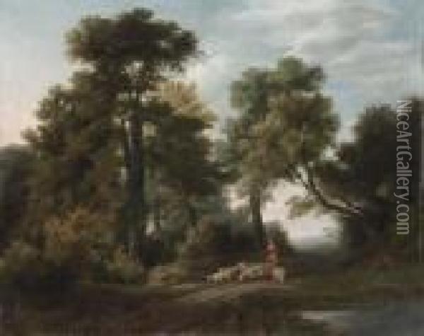 A Wooded Landscape With Shepherd And Flock Oil Painting - George, of Chichester Smith