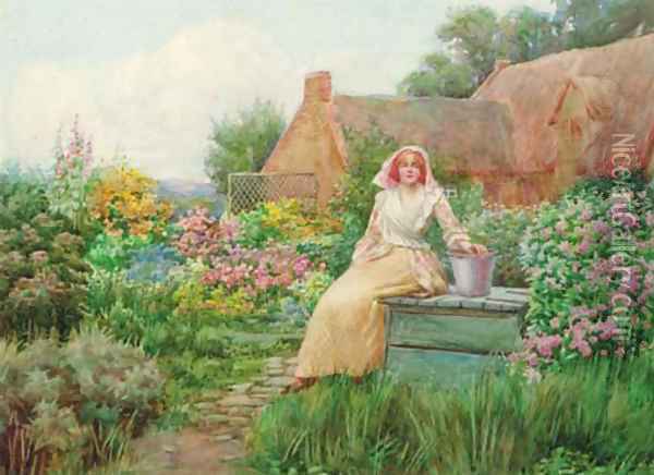 Young lady seated in a cottage garden Oil Painting - William F. Ashburner
