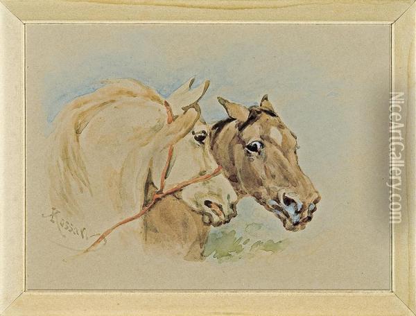 Heads Of Two Horses Oil Painting - Juliusz Kossak