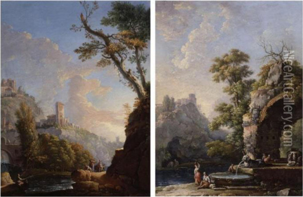 Landscape With Washerwomen By A 
Fountain And A Riverscape With Fishermen: A Pair Of Paintings Oil Painting - Carlo Bonavia