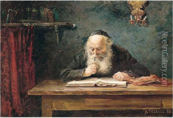 Rabbi At Study Oil Painting - Maurycy Trebacz