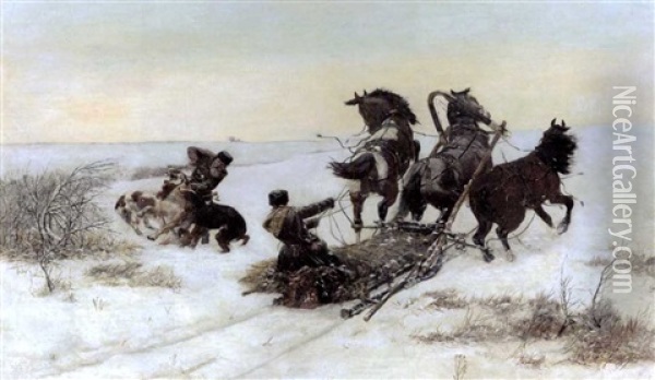 Sledge Attacked By Wolves Oil Painting - Bohdan von Kleczynski