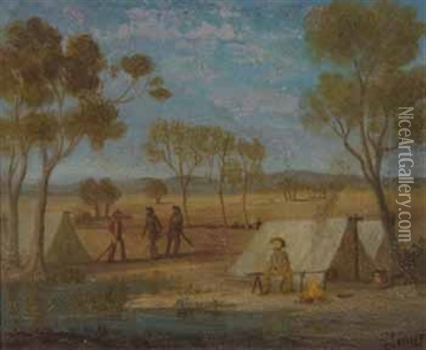 Early Australian Bush Camp Oil Painting - Charles Hill