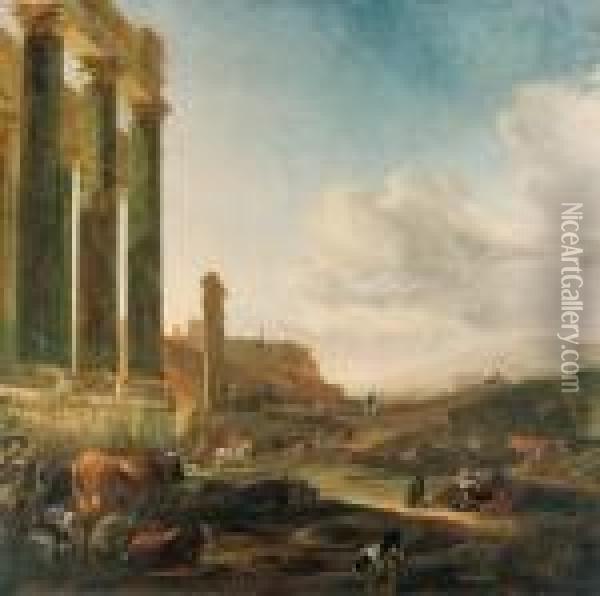 An Italianate Landscape With A 
Ruined Doric Colonnade, A Herdsmanwith Cattle And Sheep At Rest, 
Horsemen And Figures Beyond Oil Painting - Jan Baptist Weenix