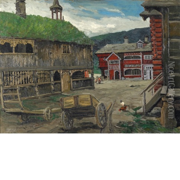 Farm Scene, Norway Oil Painting - Jonas Lie