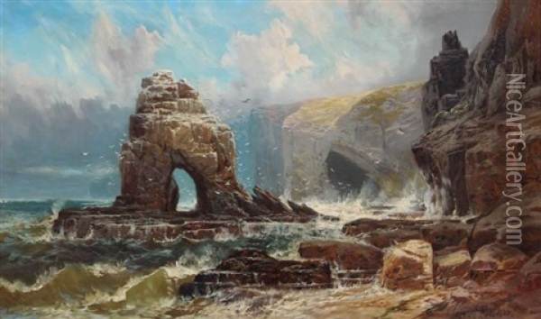 Coastal Scene With Grotto Off Coast Of Italy Oil Painting - Clarence Henry Roe