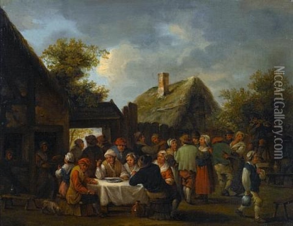 Figures Merry-making Outside An Inn Oil Painting - Theobald Michau