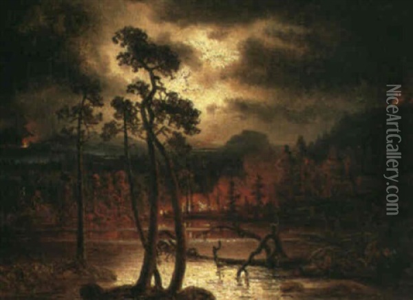 Eldsvador I Skogslandskap - Ovadersstamning Oil Painting - Marcus Larsson