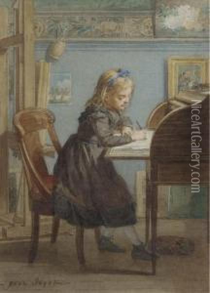 A Young Girl At Her Writing Desk Oil Painting - Paul Constant Soyer