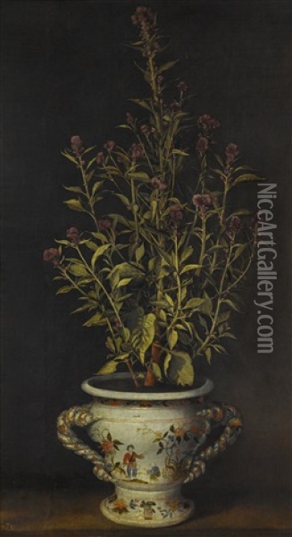 A Plant, Probably A Gomphrena, In A Nevers-style Faience Jardiniere Oil Painting - Benjamin Ferrers