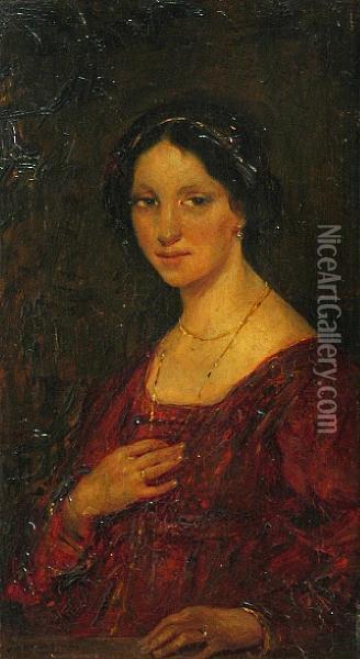 A Portrait Of A Lady In A Red Dress Oil Painting - Simon Maris
