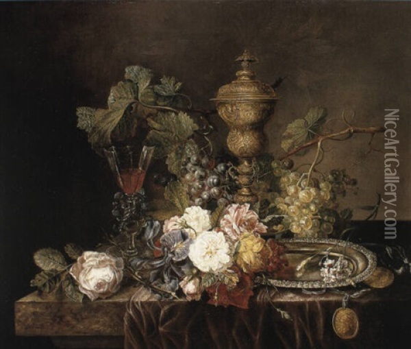 Still Life With Flowers, Goblet, Silver Plate On Draped Ledge Oil Painting - Emily Coppin Stannard