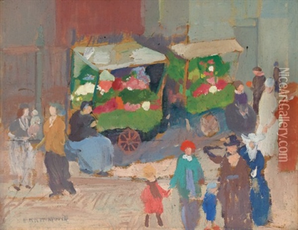 Flower Market, Paris Oil Painting - Elisha Kent Kane Wetherill