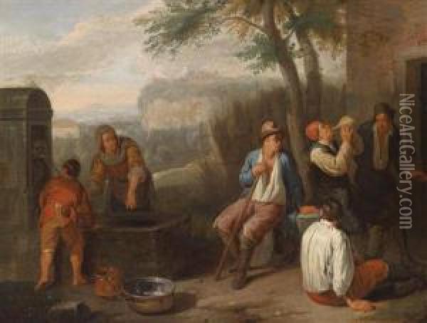 A Southern Landscape With Peasants Drinking By A Well Oil Painting - Norbert van Bloemen