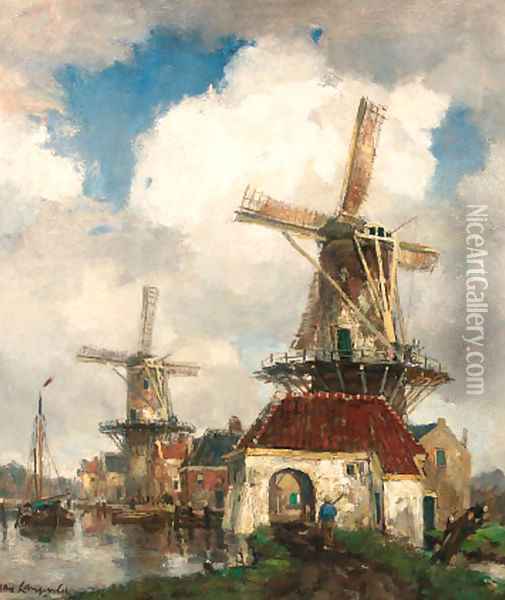 Windmills along a canal Oil Painting - Frans Langeveld