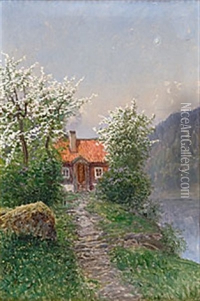 Stuga Vid Gronskande Trad Oil Painting - Johan Kindborg