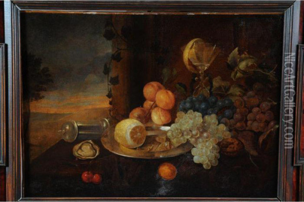 Fruits Et Verres Sur Unentablement Avec Un Fond De Paysage Oil Painting - Joris Van Son