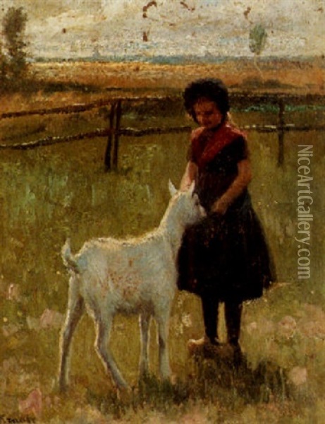 Girl Feeding A Goat Oil Painting - Hendrik Maarten Krabbe