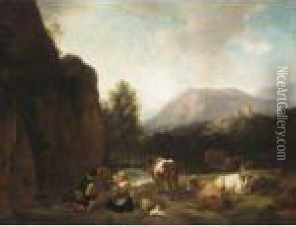 Italianate Landscape With A Drover Playing With His Wife And Child Beside A River Oil Painting - Christian Wilhelm Ernst Dietrich
