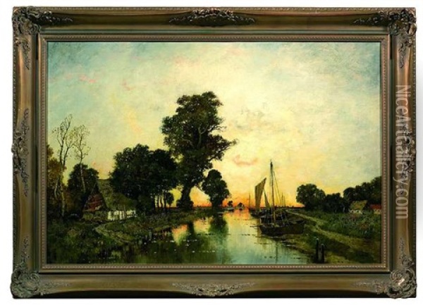 Kanallandschaft Mit Vertauten Segelbooten Im Abendlicht Oil Painting - Karl Heffner