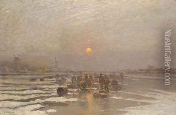 Ice fishing at dusk Oil Painting - Johann Jungblutt