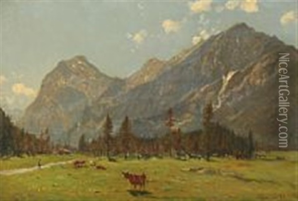 Cows Grazing On The Plains At The Achensee Oil Painting - Godfred Christensen