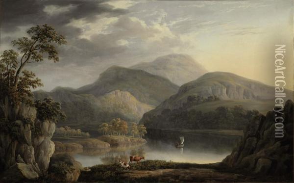 Figures In A Lakeland Landscape Oil Painting - Joseph Francis Gilbert