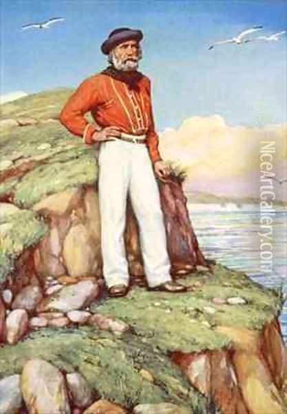 Giuseppe Garibaldi on a cliff ledge on the island of Caprera gazing out towards Italy Oil Painting - Arthur A. Dixon