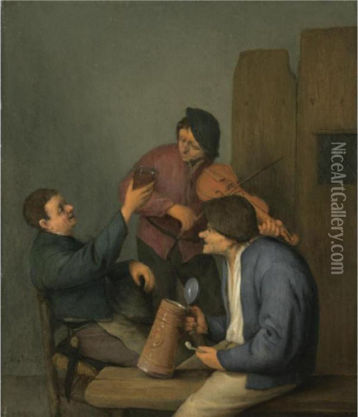 Three Peasants In An Interior Oil Painting - Adriaen Jansz. Van Ostade