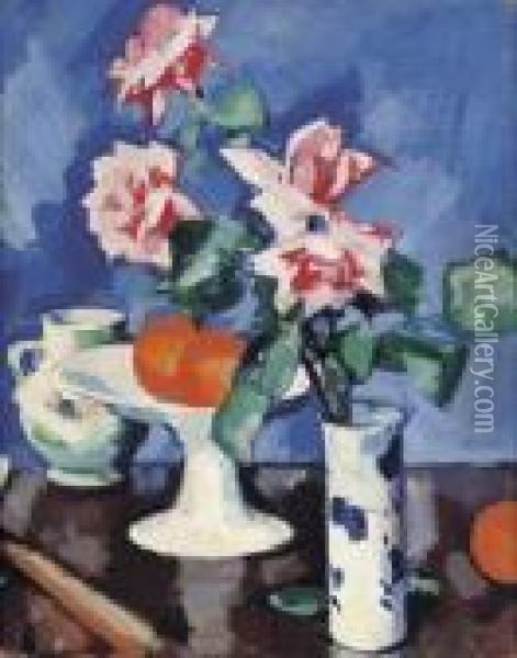 Pink Roses In A Blue And White Vase With Oranges And A Jug Oil Painting - Samuel John Peploe