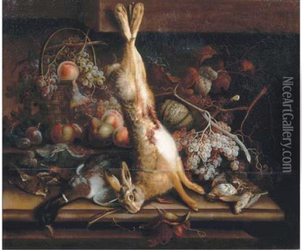 Still Life Of Game And Fruits On A Stone Ledge Oil Painting - William Sartorius