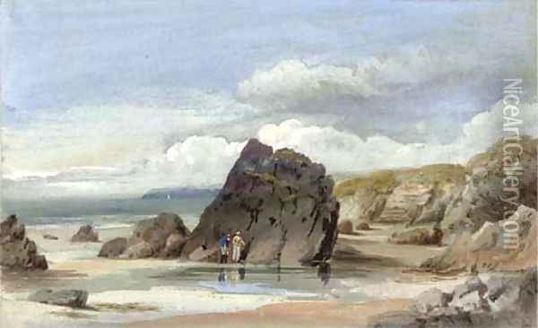 Figures before rocks on the foreshore at low tide Oil Painting - William Roxby Beverley