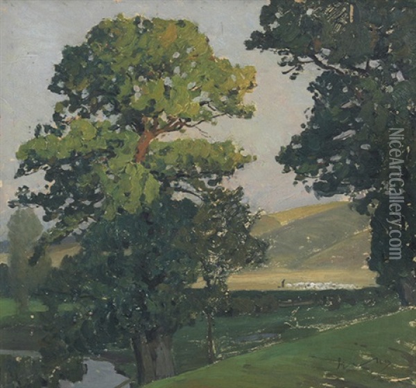Baume Am Flus, Im Hintergrund Schafherde Oil Painting - Max Uth