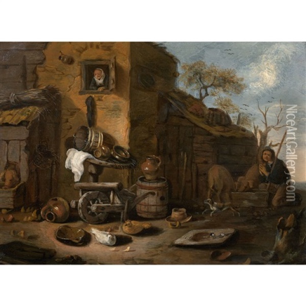 Paysan Gardant Ses Cochons Devant Une Ferme Oil Painting - Egbert Lievensz van der Poel