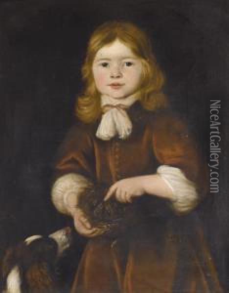 Young Boy Half Length Wearing 
Red And Holding A Bird's Nest Together With A 
Spaniel Oil Painting - Jacob Adriaensz Backer