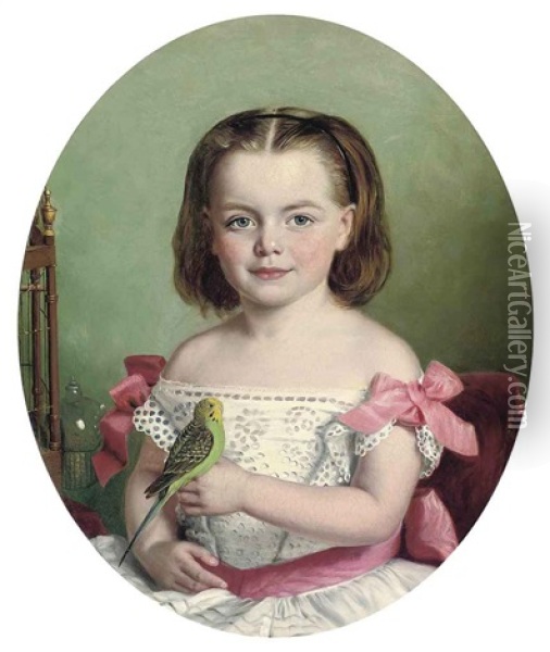 Portrait Of Mary Ann Maitland-wilson Of Greystone Towers, In A White Dress With Red Ribbons, Holding Her Budgerigar Oil Painting - Charles Baxter