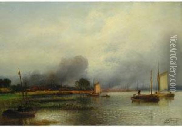 Segelboote Am Flussufer Oil Painting - Jacobus Jacobs
