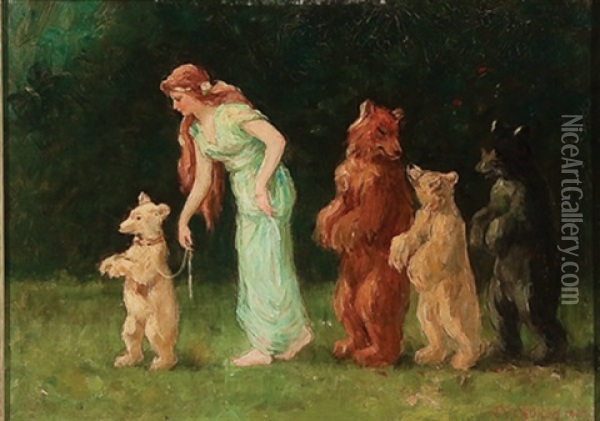 Young Woman Walking With Bear Family Oil Painting - Frederick Stuart Church