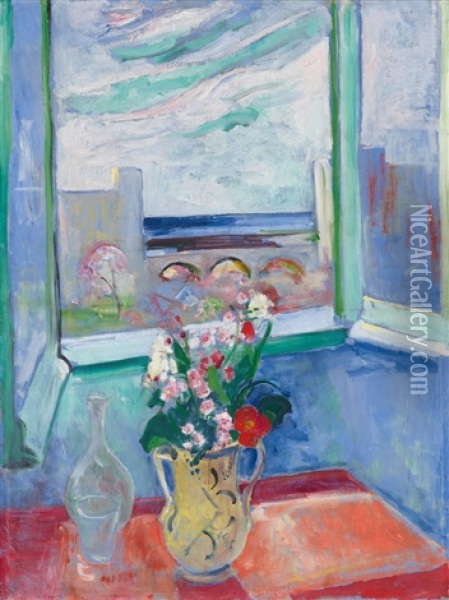 Levanto I, Blumenstraus Am Fenster Mit Brucke Oil Painting - Oskar Moll