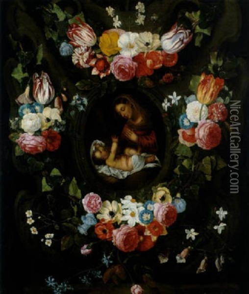Maria Mit Dem Kind Im Blumenkranz Oil Painting - Jan van Kessel the Elder