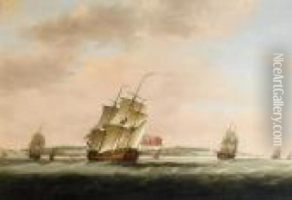 A Fifth Rate Of 44 Guns In Two Positions Off Dover With Other Shipping Nearby Oil Painting - Thomas Luny