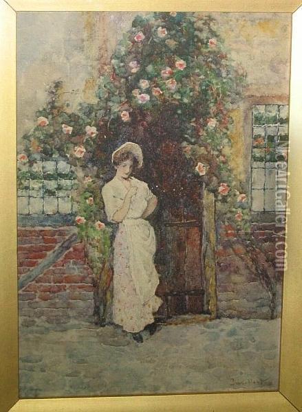 Young Maid At A Cottage Door Oil Painting - David Woodlock