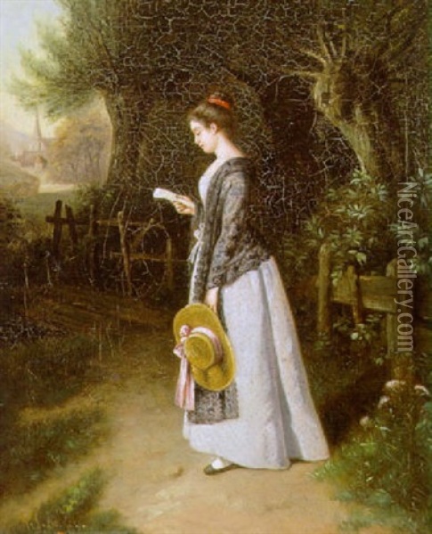 Ung Kvinde Med Strahat Laeser Et Brev Ved Gangbro Oil Painting - James William Walker