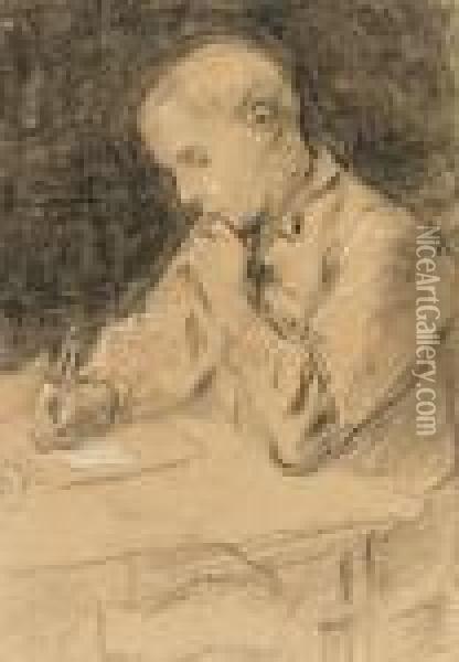 Schreibender Knabe Am Tisch. Oil Painting - Albert Anker