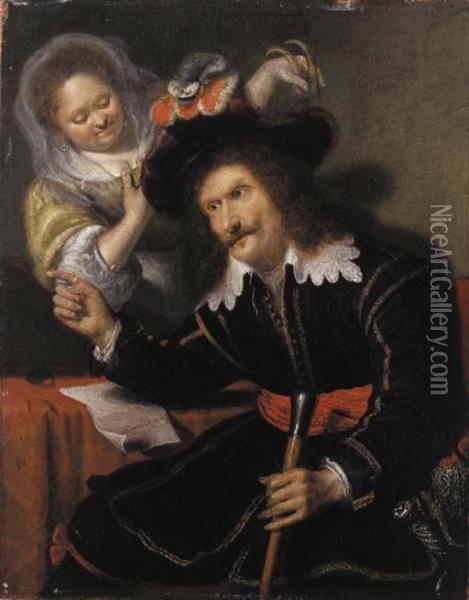 A Gentleman In Fancy Dress, Seated Small Three Quarter Length, By Atable, Mocked By A Lady Standing Behind Him Oil Painting - Bartholomaus Maton