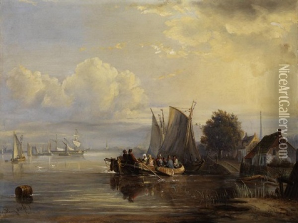 Seeuferlandschaft Mit Anliegenden Segelbooten Und Einem Vollbesetzten Kahn Oil Painting - Egidius Linnig
