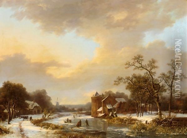 An Extensive Dutch Winter Landscape With Figures On A Frozen River Oil Painting - Marianus Adrianus Koekkoek