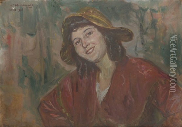 Portrait Of A Woman In A Black Dress Oil Painting - Wincenty Wodzinowski