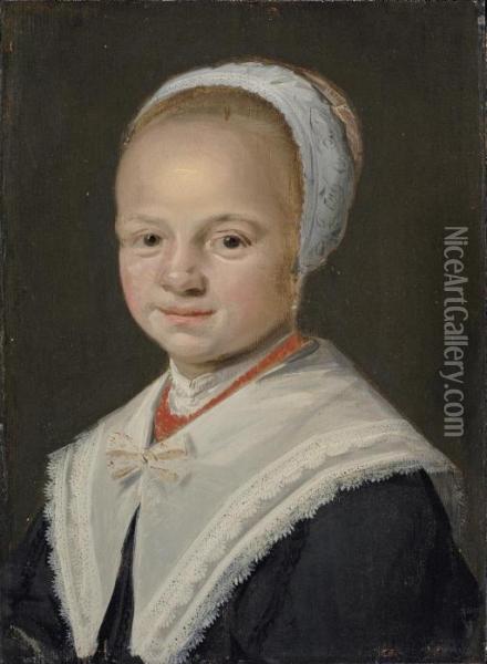 Portrait Of A Girl, Bust-length, In A Black Dress With A White Collar And Cap Oil Painting - Judith Leyster